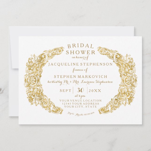 Bridal Shower Engraved Floral Acanthus Gold Leaf Invitation (Front)