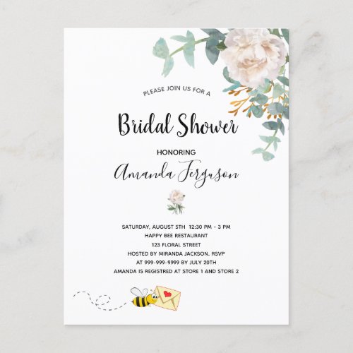 Bridal Shower eucalyptus floral bumble bee Invitation Postcard