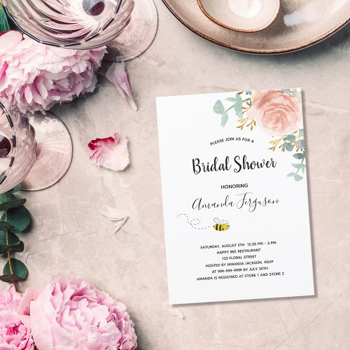Bridal Shower eucalyptus floral rose gold bee Invitation Postcard