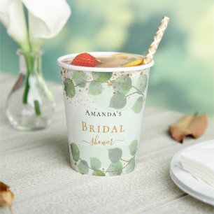 Bridal shower eucalyptus glitter gold monogram paper cups