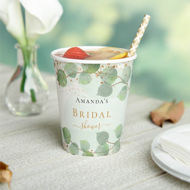 Bridal shower eucalyptus glitter gold monogram paper cups (Insitu)