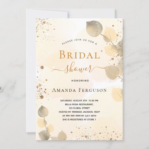 Bridal Shower eucalyptus glitter golden fall Invitation