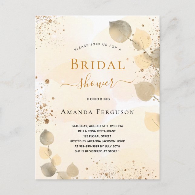 Bridal Shower eucalyptus glitter golden fall Invitation Postcard (Front)