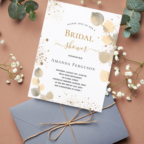 Bridal Shower eucalyptus glitter golden fall Invitation Postcard