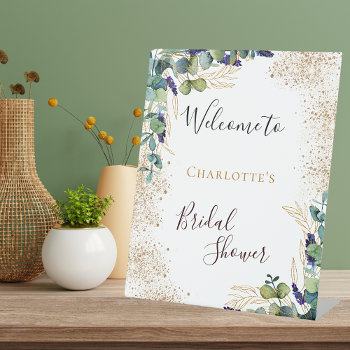 Bridal Shower Eucalyptus Greenery Elegant Welcome  Pedestal Sign by Thunes at Zazzle