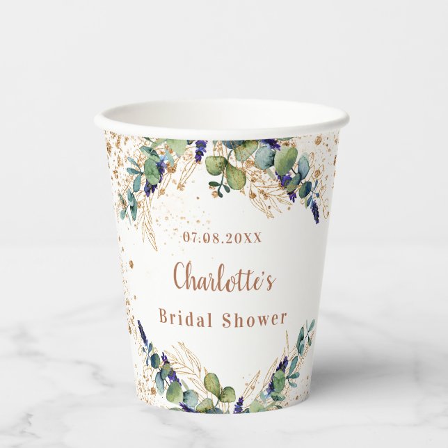Bridal shower eucalyptus greenery glitter monogram paper cups (Front)