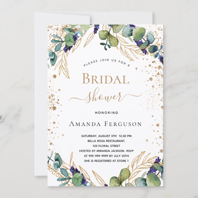 Bridal Shower eucalyptus greenery gold glitter Invitation (Front)