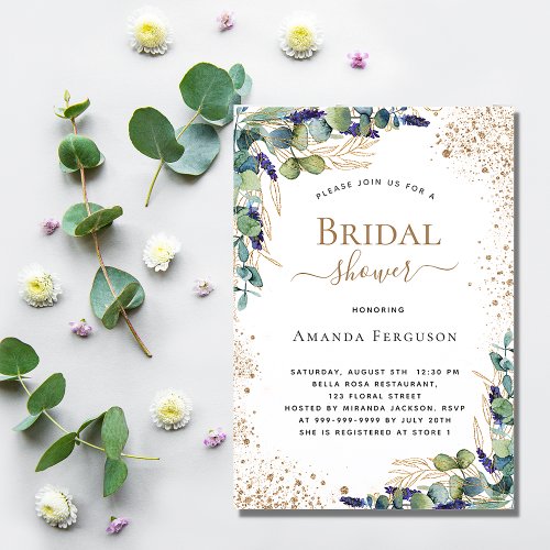 Bridal Shower eucalyptus greenery gold glitter Invitation