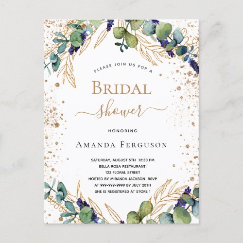 Bridal Shower eucalyptus greenery gold glitter  Invitation Postcard