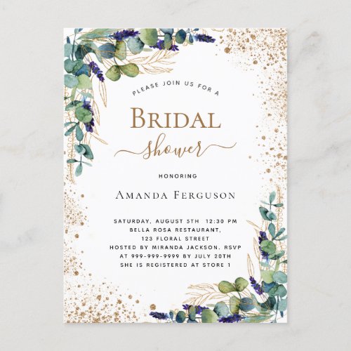 Bridal Shower eucalyptus greenery gold glitter Invitation Postcard