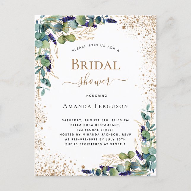 Bridal Shower eucalyptus greenery gold glitter Invitation Postcard (Front)