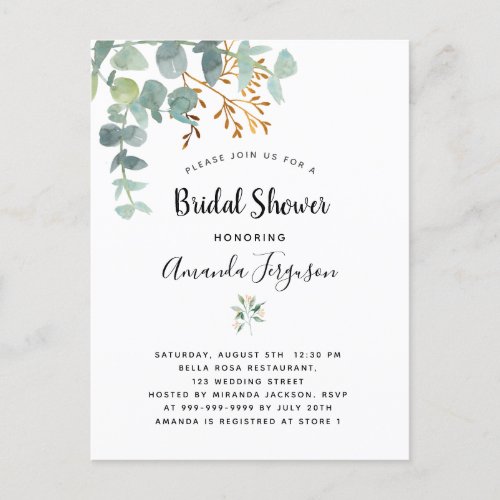 Bridal shower Eucalyptus greenery invitation Postcard