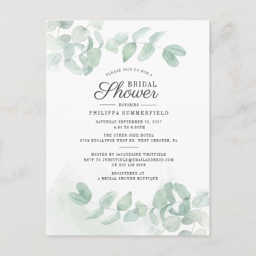 Bridal Shower Eucalyptus Greenery Succulent Floral Invitation Postcard