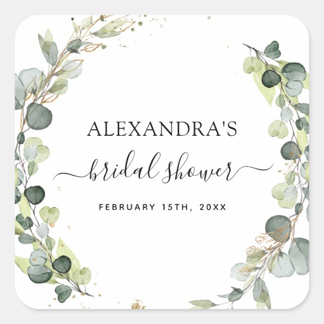 Bridal Shower Eucalyptus Greenery Succulent Square Sticker (Front)