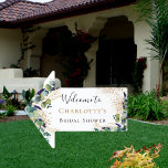 Bridal Shower eucalyptus greenery welcome arrow Sign<br><div class="desc">For an elegant Bridal Shower. A chic white background. Decorated with green watercolored eucalyptus leaves,  sprigs,  greenery,  faux gold leaves and golden glitter spots. Personalize and the name of the bride to be.  Black and golden letters.</div>