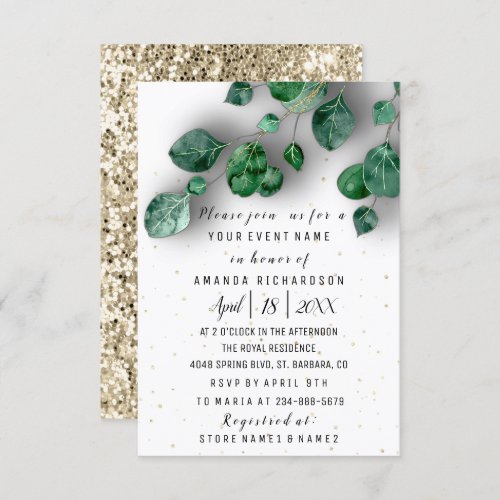 Bridal Shower Eucalyptus Greenery White Glitter Invitation