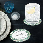 Bridal Shower eucalyptus greenery wreath Round Paper Coaster<br><div class="desc">White background,  black text. Decorated with eucalyptus wreath.  Personalize and add a date and name.  A modern hand lettered style script.</div>