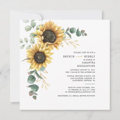 Bridal Shower Eucalyptus Sunflower Brunch Bubbly Invitation