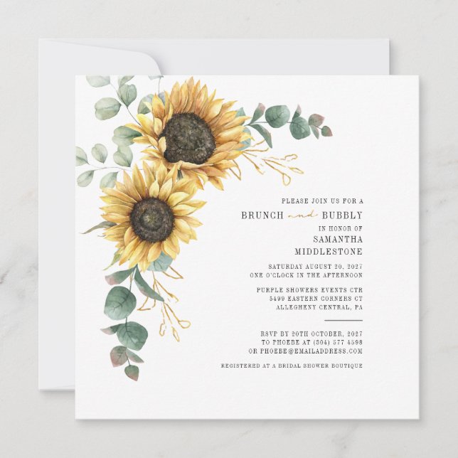 Bridal Shower Eucalyptus Sunflower Brunch Bubbly Invitation (Front)