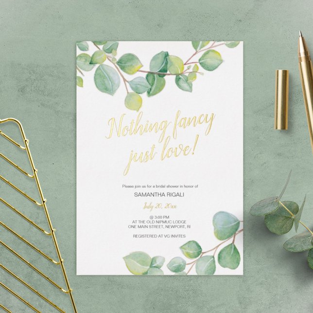 Bridal Shower Eucalyptus Watercolor Greenery Foil Invitation (bridal shower invitations with hand painted greenery watercolor eucalyptus by Victoria Grigaliunas)