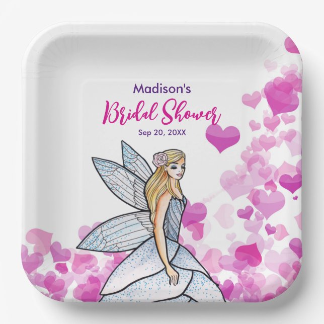 Bridal Shower Fairy Princess Pink Hearts Fashion Paper Plates (Front)