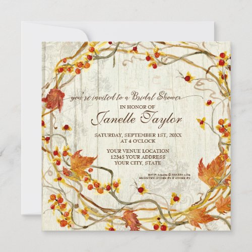 Bridal Shower Fall Autumn Leaves Wreath Wooden Invitation
