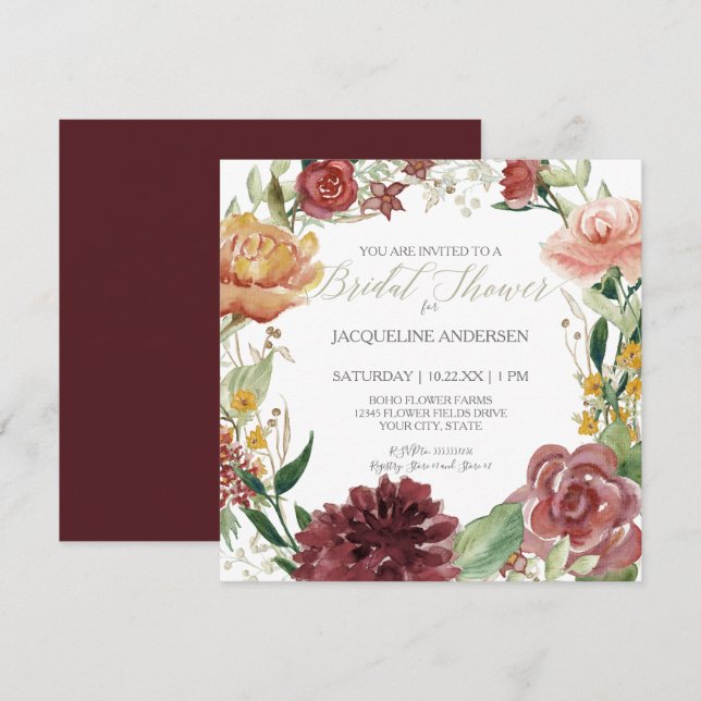 Bridal Shower Fall Floral Burgundy Blush Roses Invitation (Front/Back)