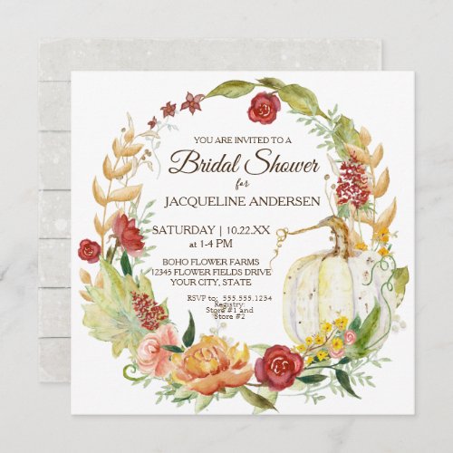 Bridal Shower Fall Floral Burgundy White Pumpkin Invitation