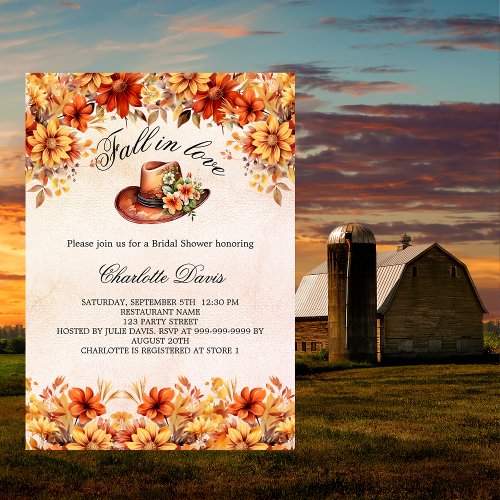 Bridal Shower fall in love cowgirl orange flowers Invitation Postcard