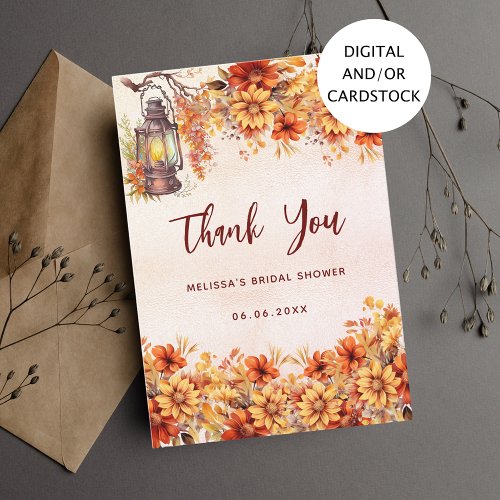 Bridal shower fall orange flowers thank you card