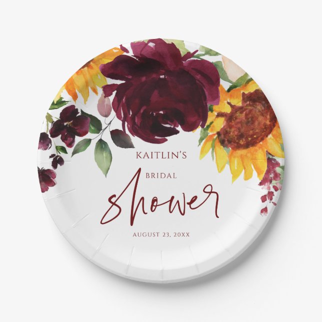 Bridal Shower Fall Sunflowers Burgundy Roses Paper Plates (Front)