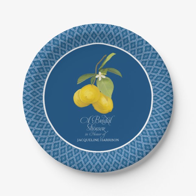 Bridal Shower Farm Royal Blue Lemon Flower Citrus Paper Plates (Front)