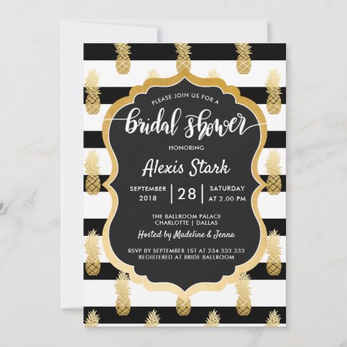 Bridal Shower  Faux Gold Foil Pineapple Stripes Invitation