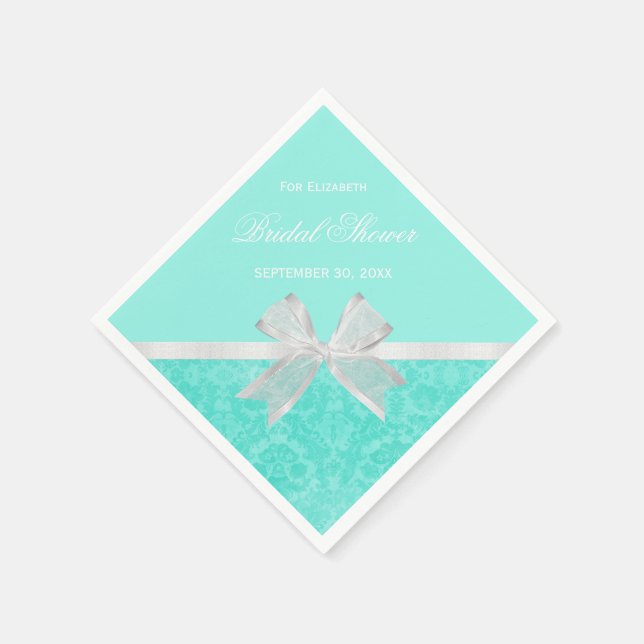 Bridal Shower Favor Chic Aqua Damask White Bow Napkins (Corner)