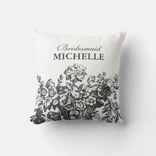 Bridal Shower Favor Floral Basket Black Throw Pillow