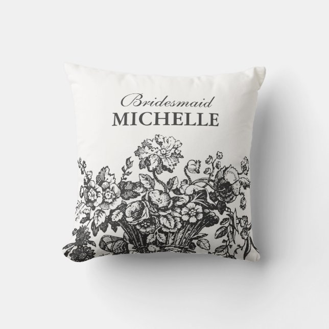 Bridal Shower Favor Floral Basket Black Throw Pillow (Front)