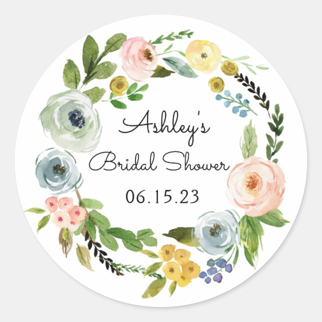 Bridal Shower Favor Floral Wreath Spring Flower Classic Round Sticker (Front)