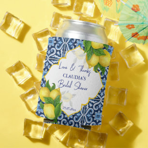 Bridal shower favor gifts blue tiles lemon Amalfi Can Cooler
