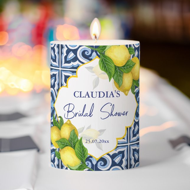 Bridal shower favor gifts blue tiles lemon Amalfi Pillar Candle (Bridal shower favor gifts blue tiles lemon Amalfi Pillar Candle bridal party favors personalized )