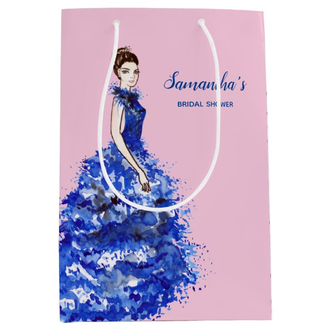 Bridal Shower Favor Lady with Sparkly Blue Gown Medium Gift Bag (Front)