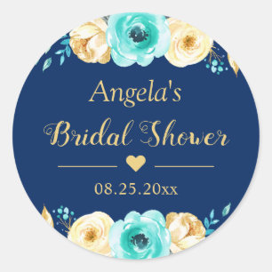 Bridal Shower Favor Navy Blue Mint Gold Floral Classic Round Sticker