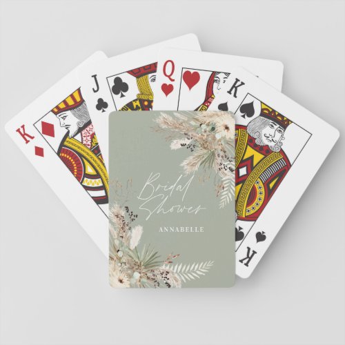 Bridal shower favor pampas eucalyptus sage green playing cards