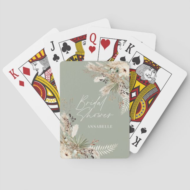 Bridal shower favor pampas eucalyptus sage green poker cards (Back)