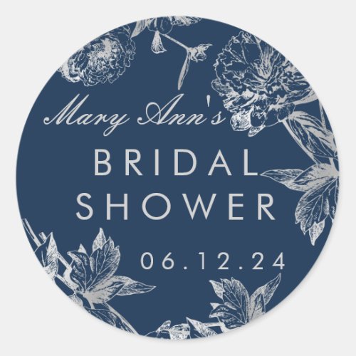 Bridal Shower Favor Simple Floral Silver Navy Blue Classic Round Sticker