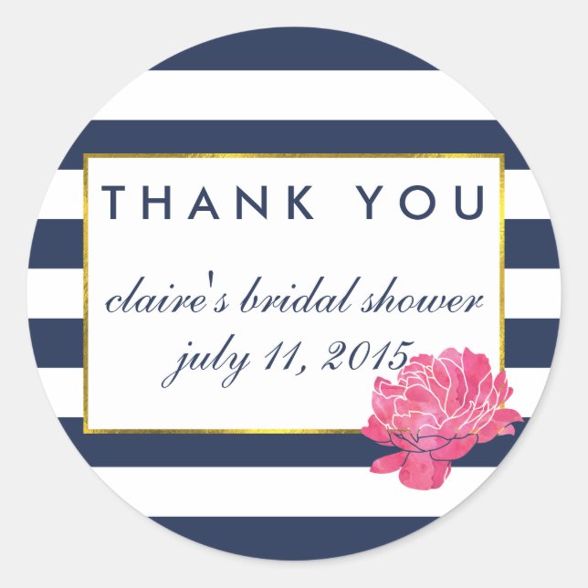 Bridal Shower Favor Stickers | Navy Stripe & Peony (Front)