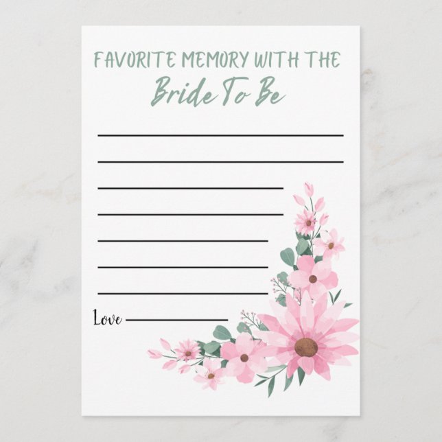 Bridal Shower Favorite Memory Game Pink Flowers Advice Card (Front)