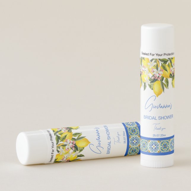 Bridal Shower Favors Blue Majolica Tiles Lemons Lip Balm (Front)