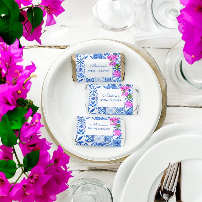 Bridal shower favors Blue Tiles Bougainvillea (Bridal shower candy favors personalized mini Hershey chocolates Blue Tiles Bougainvillea)