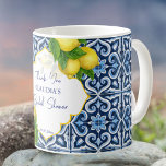 Bridal shower favors blue tiles lemon Amalfi Coffee Mug<br><div class="desc">Blue tiles and lemon Amalfi Positano Mediterranean style bridal shower thank you favors personalized custom coffee mugs,  Morocco style carved border. Makes a lovely keepsake gift for your special guests.</div>