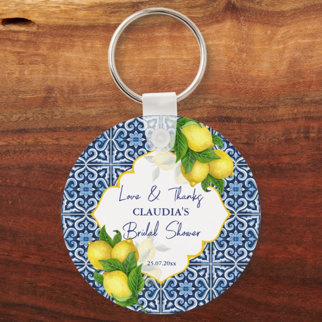 Bridal shower favors blue tiles lemon Amalfi Keychain (Front)